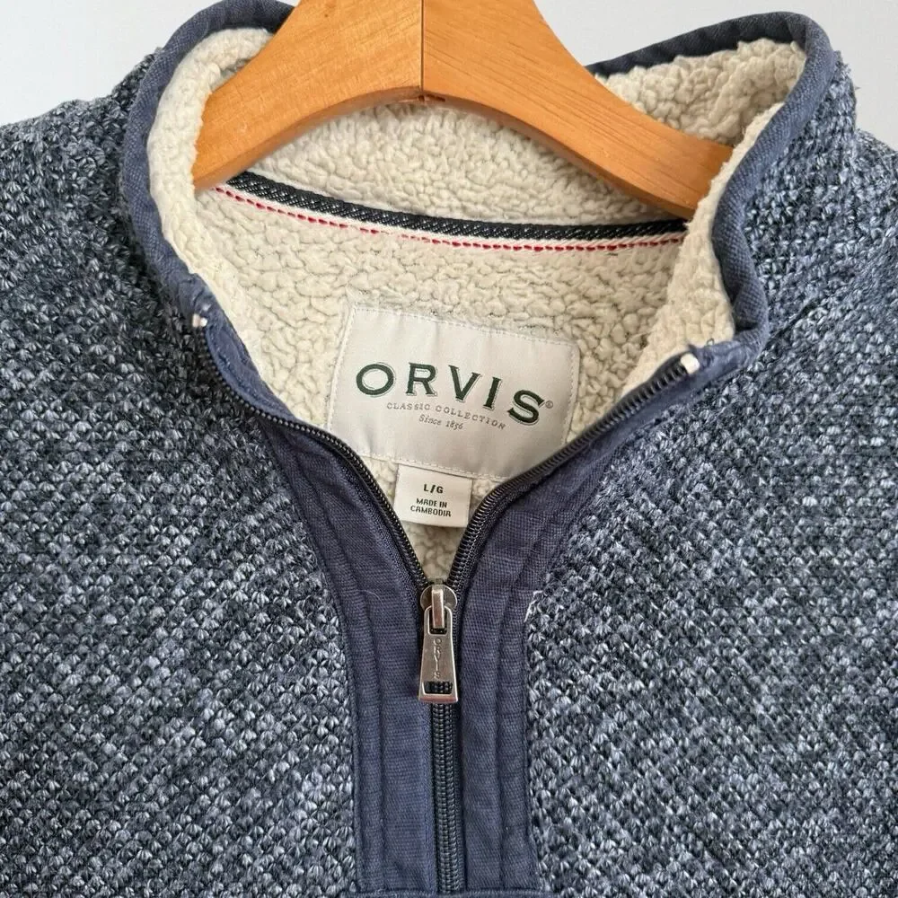 Orvis Sherpa Fleece Lined 1/4 Zip Pullover‎ Sweater Sweatshirt Mens L Navy Blue